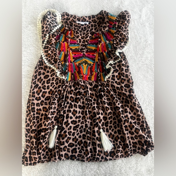 THML Boho Leopard Print Embroidered Tassel Top Sz S Ruffle Sleeve Festival Chic - Picture 13 of 16